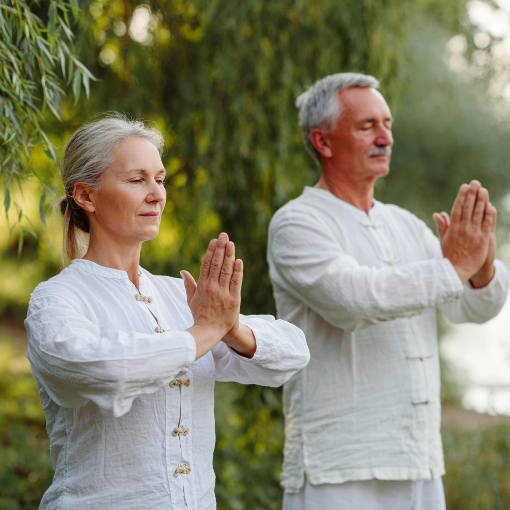 Middle-aged adults practicing gentle movement exercises in natural setting