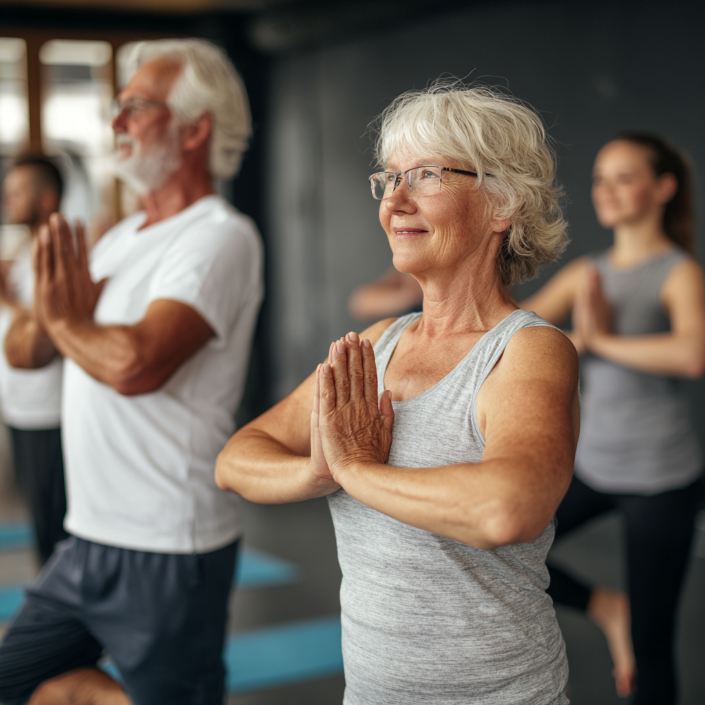 Older adults engaging in mindful movement and flexibility exercises